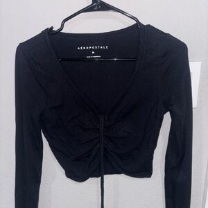 Aeropostale Black Cropped Ruched Tie-Front Long Sleeve Top